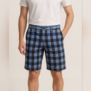 Original Penguin Trim Waffled Cotton Plaid Shorts Blue Gray 32